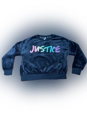 Justice Black Plush Crewneck Sweatshirt with Pink Teal Purple Logo